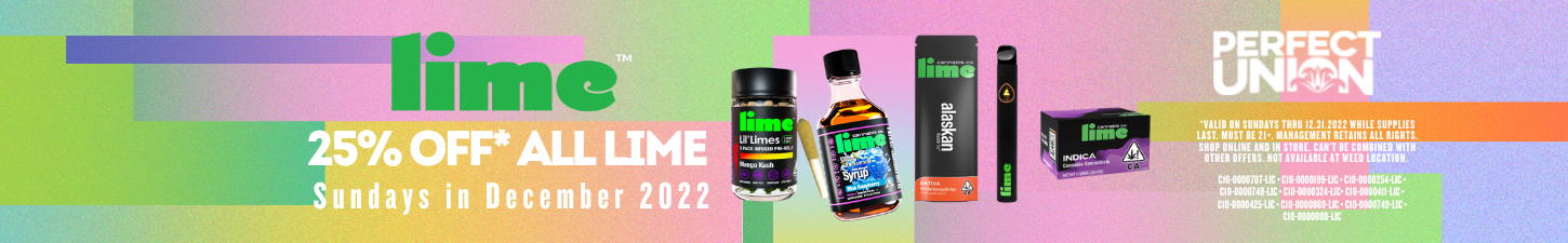 Perfect Union Lime 25% Off All Products Valid on Sundays thru 12.31.2022 while supplies last Must be 21+