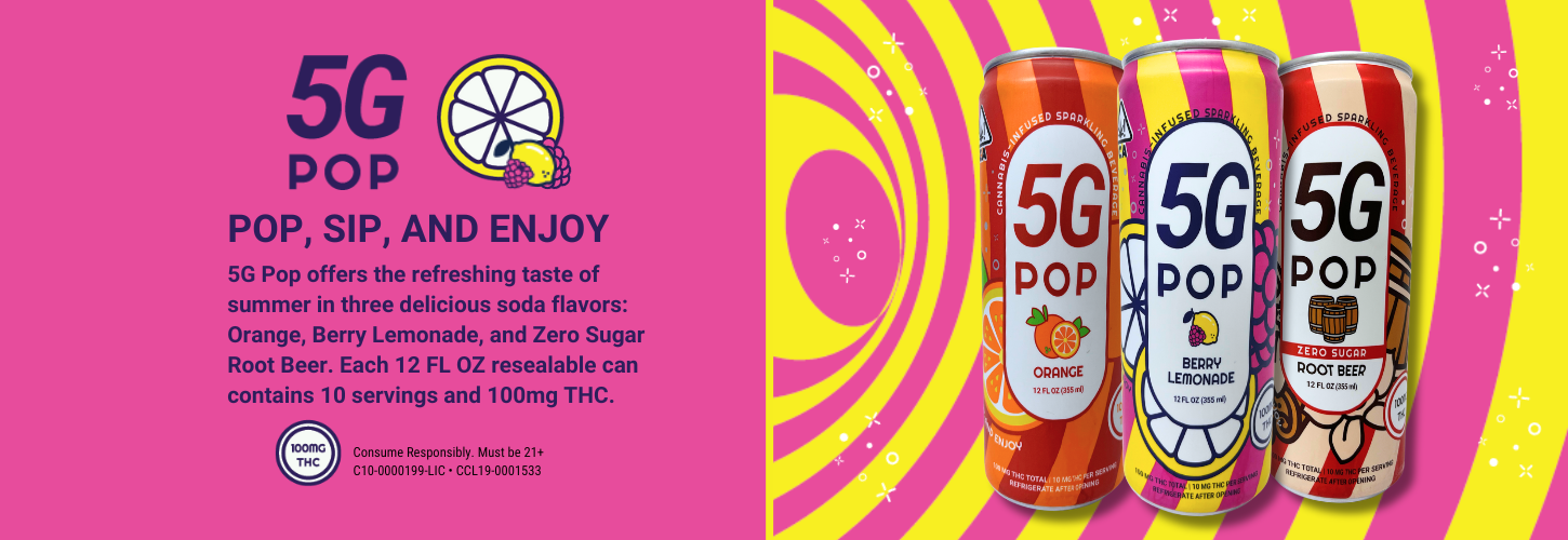5G Pop Sip and Enjoy 3 Flavors Orange, Berry Lemonade, and Zero Sugar Root Beer, 10 Servings and 100mg THC per 12 FL OZ resealable can by 530 Grower