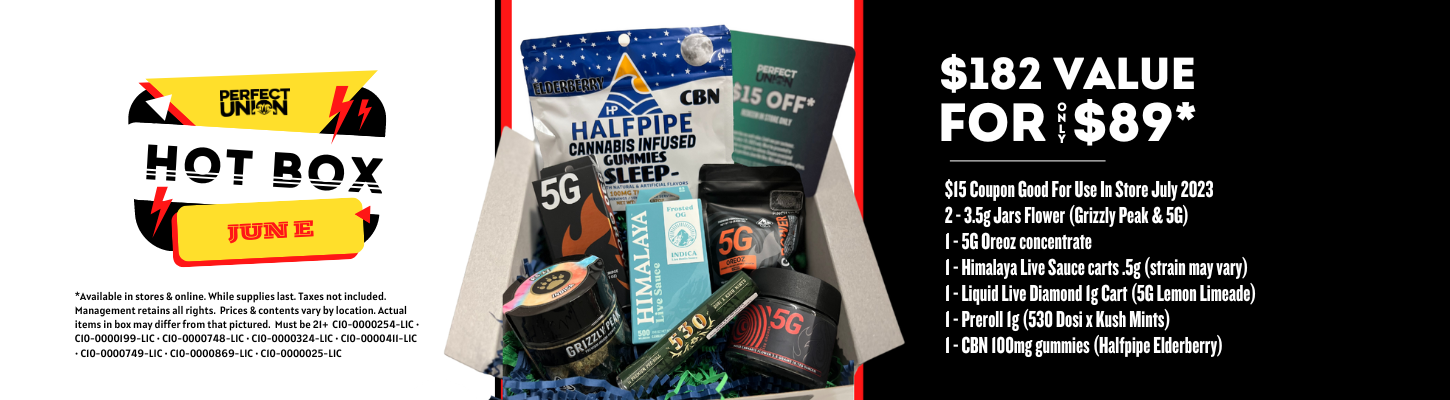 Perfect Union JUNE 2023 HOT BOX Hot Box Summer begins with Perfect Union June Hot Box valued at over $182 retail price is only $89, California's hottest weed compilation value box
